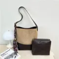 Κορεάτικη ρετρό σουέτ τσάντα bucket color-block σετ με κομψό μαντήλι και τσαντάκι. - Σιταρί