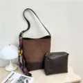 Κορεάτικη vintage γυναικεία τσάντα ώμου μεγάλη χωρητικότητα σουέτ δέρμα colorblock - Καφέ Σοκολάτα