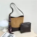 Κορεάτικη vintage τσάντα bucket σουέτ patchwork γυναικεία τσάντα ώμου καθημερινή - Καφέ Μόκα