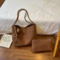 Vintage brown suede tote bag set with matching pouch and charm, perfect daily commuter handbag. - Brown