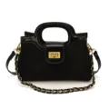 Schwarze Wildleder Henkeltasche Umhängetasche mit Kette und goldenem Drehverschluss. - Schwarz