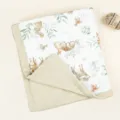 Detailed view of the pure cotton baby swaddle blanket with cute woodland animal prints and soft border. - 90x100 cm / Fox