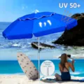 Portable folding beach umbrella with UV 50+ protection, aluminum pole and detachable anchor. - 2x2m / Sapphire Blue
