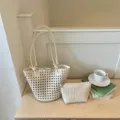 Σετ πλεκτή τσάντα ώμου σε off-white με τσάντα tote και μικρό πορτοφόλι για το καλοκαίρι. - Λευκό
