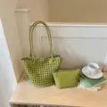 Green woven tote bag set with matching pouch, stylish large capacity shoulder bag for women daily. - Green