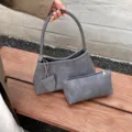 Graue geflochtene Unterarm-Schultertasche Set, minimalistische Retro Handtasche mit Etui. - Grau