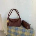 Brown suede shoulder bag with cute flower charm and matching pouch, casual daily tote. - Coffee