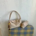 Korean style vintage suede shoulder bag with coin pouch and flower pendant for women casual - Light Khaki
