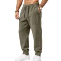 Men casual suede fleece sweatpants detail, olive green drawstring waist sport trousers view. - Army Green