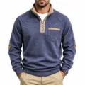 Men's Quarter-Zip Fleece Sweatshirt Contrast Color Long Sleeve Casual Fall Pullover - S / Tops / Sapphire Blue
