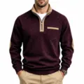 Men's quarter-zip stand collar sweatshirt, cationic fleece material with contrast color details. - S / Tops / Burgundy