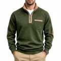 Men's half-zip fleece sweatshirt, cationic fabric, color-block stand collar, detail view. - S / Tops / Army Green