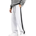 Men's fleece-lined sweatpants with stylish side stripe straight leg casual winter trousers. - S / Bottoms / White