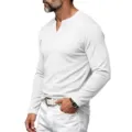 Detailansicht des weißen gerippten langärmeligen Henley V-Ausschnitt T-Shirts für Herren. - S / Oberteile / Weiß
