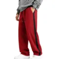 Mens fleece lined sweatpants casual loose fit straight leg red athletic trousers with black stripe - S / Bottoms / Bright Red