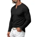 Herren Langarm Rippstrick Henley V-Ausschnitt T-Shirt, elastisches Basic Oberteil für Herbst. - S / Oberteile / Schwarz