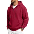 Men's waffle knit quarter zip hoodie casual loose hooded sweatshirt in solid red color - Bright Red