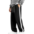 Men's casual sports straight sweatpants with white side stripe and adjustable drawstring. - S / Bottoms / Black
