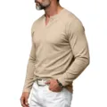 Detailansicht des gerippten langärmligen Herren Henley V-Ausschnitt T-Shirts in khaki. - S / Oberteile / Khaki