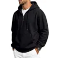 Men's Black Waffle Knit Quarter Zip Hoodie Casual Loose Long Sleeve Hooded Sweatshirt - Black
