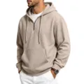 Men's waffle knit quarter-zip hoodie, casual loose hooded sweatshirt with kangaroo pocket. - Khaki
