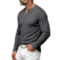 T-shirt Henley à manches longues et côtes pour homme, col V uni slim fit thermique de base. - Gris foncé