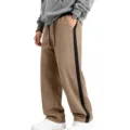 Men's fleece lined casual sweatpants side stripe detail view showing khaki fabric and drawstring. - Camel