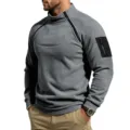 Detail view of men's fleece mock neck sweatshirt with double zippers and arm pocket. - S / Tops / Dark Gray