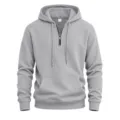Mens grey waffle knit quarter zip hoodie detail showing textured fabric and drawstring. - Light Gray