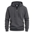 Dark grey men's waffle knit half zip hoodie with front pocket, drawstring hood and cuffs. - Dark Gray