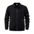 Men's black waffle knit zip jacket with turn-down collar and pockets for casual outdoor wear. - Black