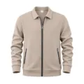 Detailed view of men's waffle knit full-zip jacket in light khaki, featuring lapel collar. - Khaki