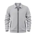 Men grey waffle knit zip up jacket featuring classic collar and functional zipper pockets. - Light Gray