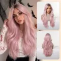Gradient pink long wavy cosplay wig for women, heat resistant synthetic hair for party. - Ombre Pink (24inch)