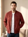 Close-up of men's casual suede bomber jacket showcasing texture, stand collar, and zipper. - S / Tops / Burgundy