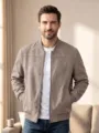 Men's casual faux suede bomber jacket detail, featuring front zipper and stand collar. - S / Tops / Tan