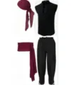 Men medieval pirate costume set halloween renaissance sleeveless shirt pants headscarf - S / Top And Bottom / Four-Piece Set / Black Top And Black Pants With Burgundy Headband Belt