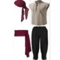 Men medieval renaissance pirate costume set halloween cosplay outfit with shirt and pants - S / Top And Bottom / Four-Piece Set / Khaki Top And Black Pants With Burgundy Headband Belt