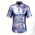 Chemise homme vintage métallisée manches courtes disco fête brillante holographique - S / Hauts / Bleu et Violet