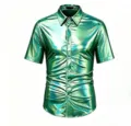 Chemise à manches courtes brillante métallique pour homme haut disco vintage vert taille L - S / Hauts / Vert