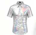 Chemise Holographique Brillante Manches Courtes Homme Disco Fête Rétro Clubwear Chic - S / Hauts / Blanc Iridescent