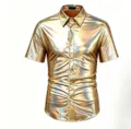 Homme vintage métallisé chemise manches courtes costume disco haut brillant pour fête - S / Hauts / Or