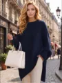 Γυναικείο casual oversized πλεκτό πουλόβερ με στρογγυλή λαιμόκοψη, μονόχρωμο μακρυμάνικο. - Ναυτικό Μπλε