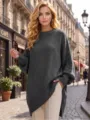 Oversized γκρι πλεκτό πουλόβερ γυναικείο, casual άνετο στιλ με στρογγυλή λαιμόκοψη. - σκούρο γκρι