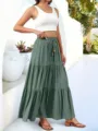 Casual tiered maxi skirt for women, high waist drawstring long skirt in army green color. - S / Green
