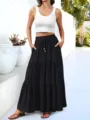 Women white crop tank top and black tiered maxi skirt resort casual fashion outfit apparel. - S / Black