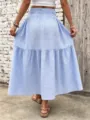 Womens blue and white gingham midi skirt high waist tiered A-line casual summer resort wear. - S / Bottoms / Sky Blue