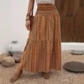 Bohemian high elastic waist maxi skirt for women, brown vintage ethnic print long skirt. - S / Bottoms / Multicolor