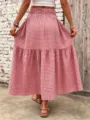 Detailed view of women red gingham tiered maxi skirt with elastic high waist vacation style. - S / Bottoms / Red