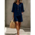 Lässiges dunkelblaues V-Ausschnitt Knopf Rüschen Dreiviertelarm Top und Shorts Set - S / Oben Und Unten / Marineblau
